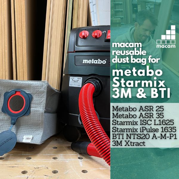 Reusable dust bag for Metabo, Starmix, 3M and BTI dust extractors