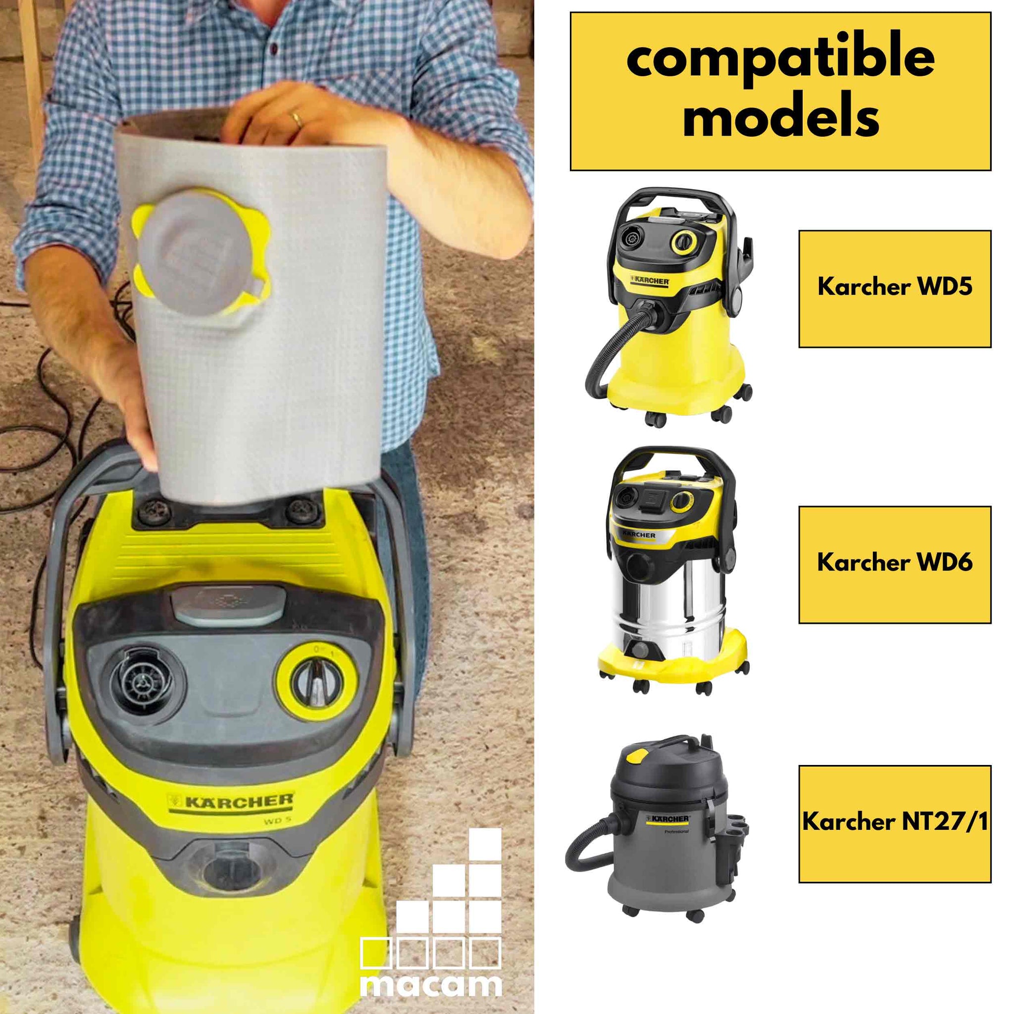 Reusable dust bag for Karcher WD5, WD6 and NT27/1 vacuum cleaners